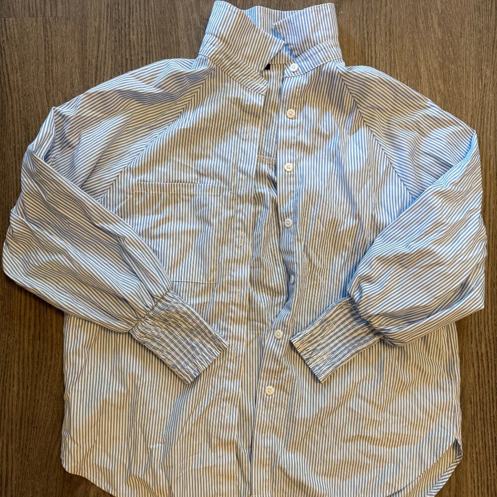 Blue & White Striped Button-Down Shirt with Ruched Sleeves